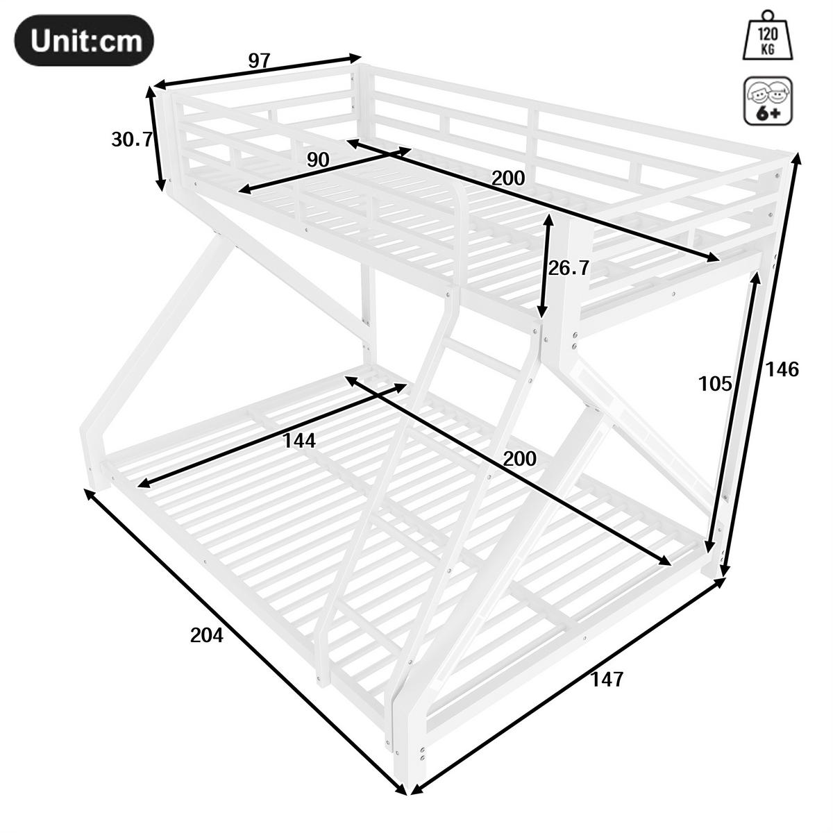 ETAGENBETT 90/200 cm & 140/200 cm in Weiß mit LED, Sicherheitsgeländer und Leiter - Weiß, Metall (90/200cm) - STILVORA