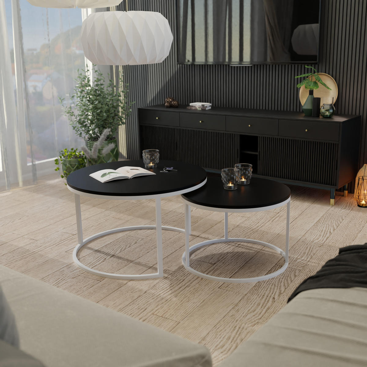 COUCHTISCH rund Klein, Mattschwarz, Rahmen Weiß - Schwarz/Weiß, Holzwerkstoff (70/70/48cm) - Idohome