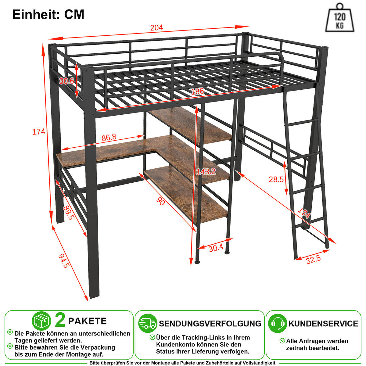 HOCHBETT 90/200 cm in Schwarz mit Schreibtisch, Regalen und Leiter - Schwarz, Holzwerkstoff/Metall (90/200cm) - CHICFURN