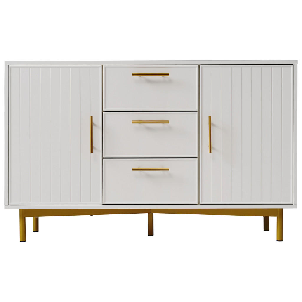 Urban Meuble SIDEBOARD dřevotříska bílý s drážkovaným čelem, 2 dvířky a 3 zásuvkami