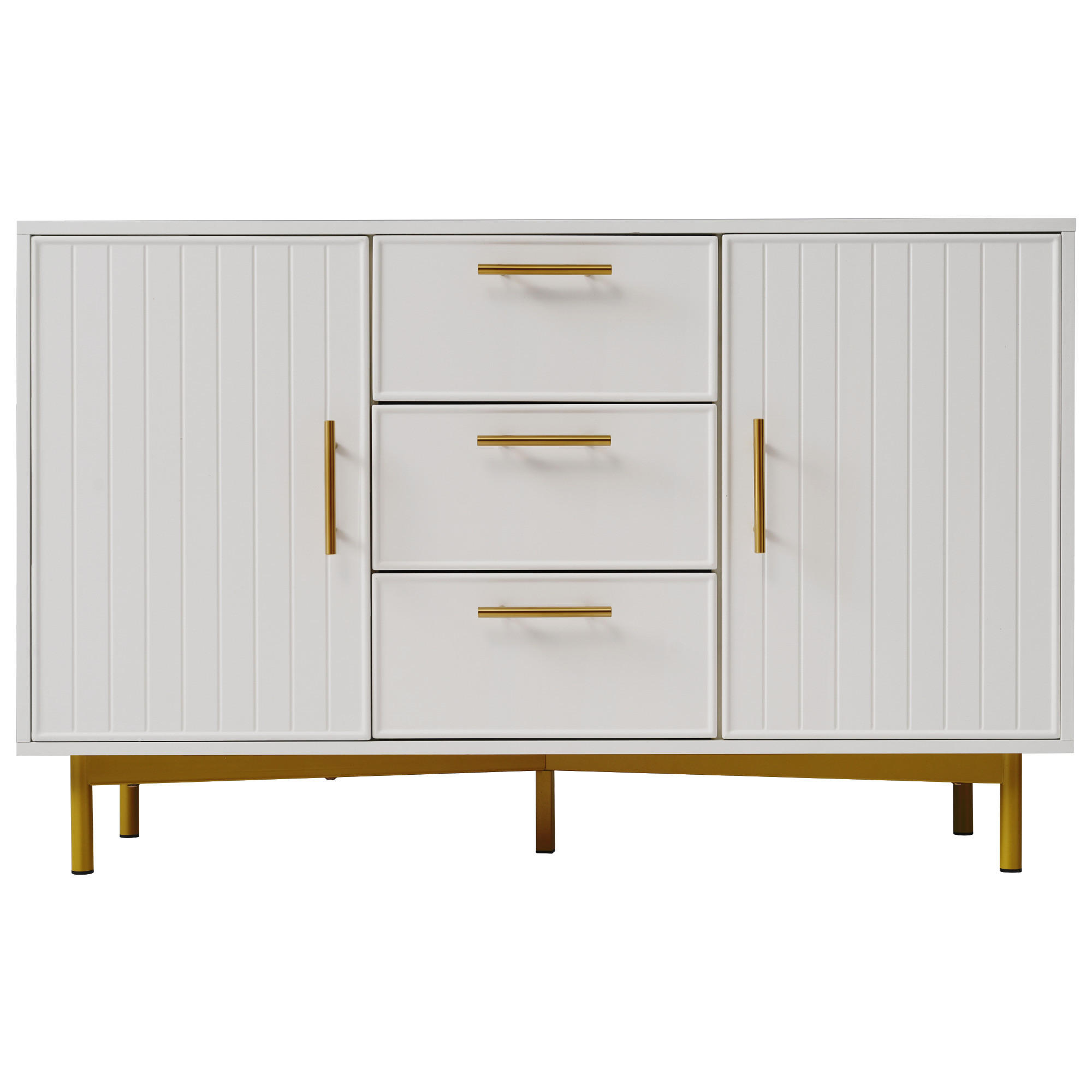 KOMODA dřevěný materiál bílá s drážkovaným čelem, 2 dvířka a 3 zásuvky - bílá, kompozitní dřevo (120/40/75cm) - Urban Meuble