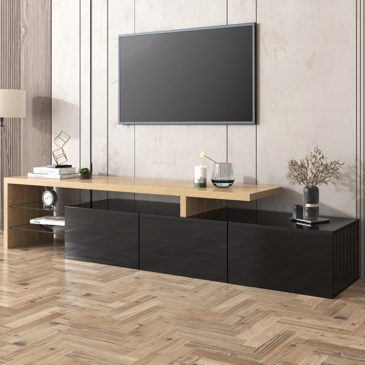 TV-SCHRANK und Glas in Schwarz Hochglanz und Holzoptik mit LED 197.5/39/42 cm - Schwarz, Holzwerkstoff (197.5/42/39cm) - Redom