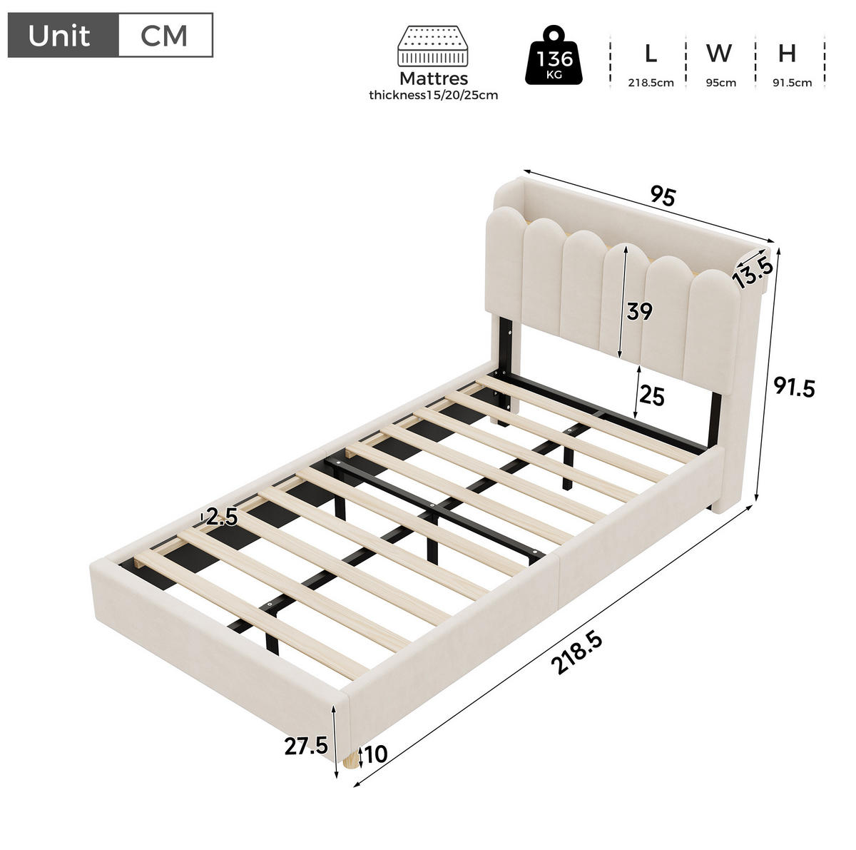 BETT 90/200 cm in Beige aus Samt mit Lattenrost und USB- und Type-C-Anschlüssen - Beige, Textil (90/200cm) - Flora Grace