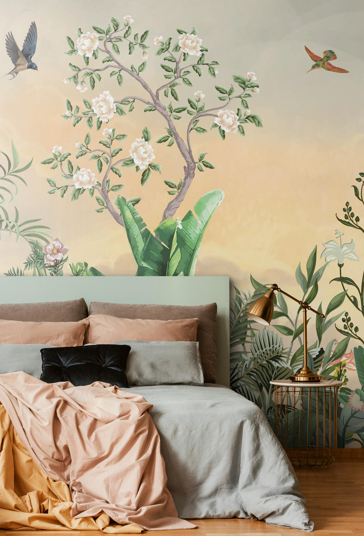 FOTOTAPETE tropische Dschungelblätter und Paradiesvögel 400 x 279 cm - Grün, Papier (400/279cm) - ESTAhome