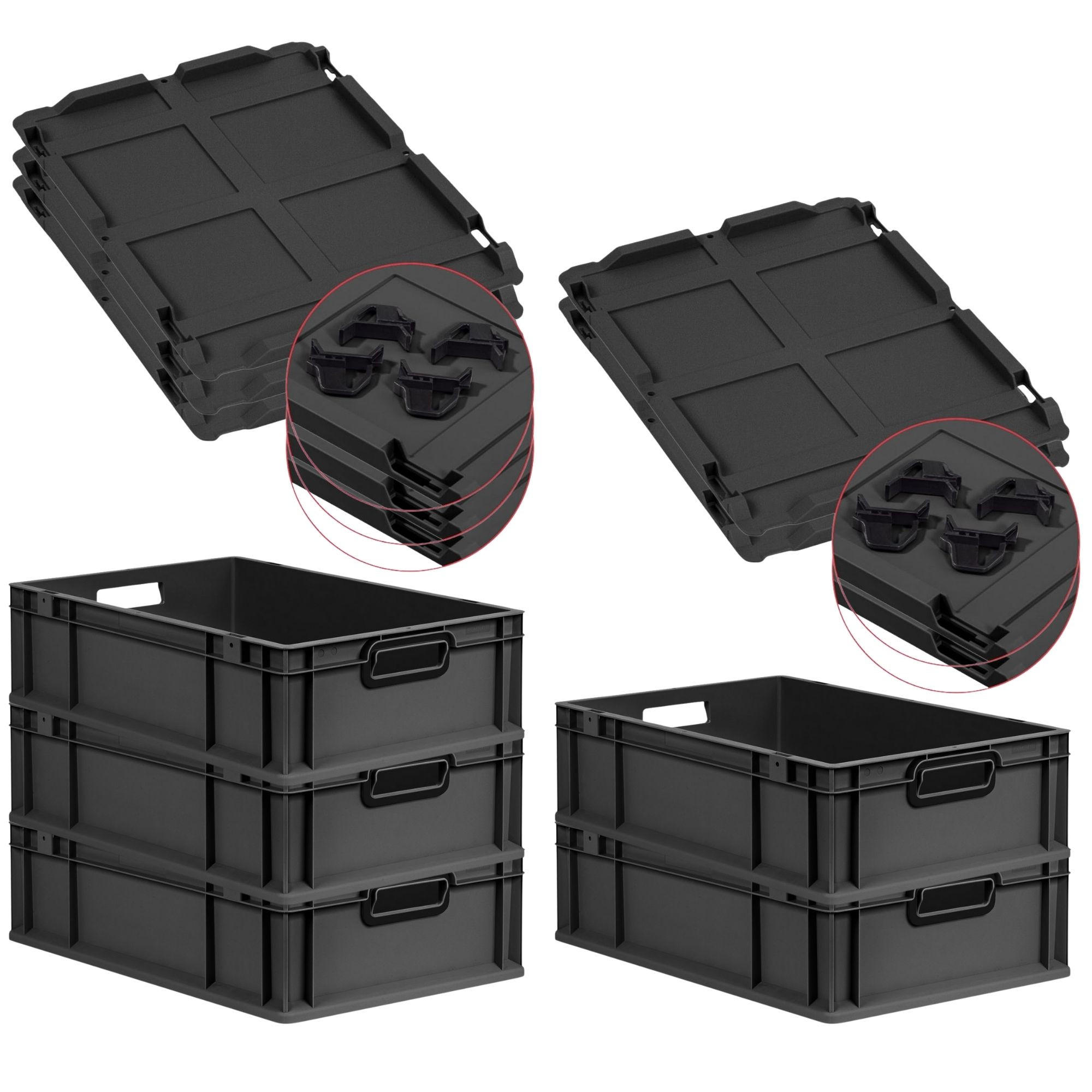 EUROBOX 5x NextGen Color mit Auflagedeckel 17x40x60 cm 34 Liter Schwarz Griffe schwarz offen - Anthrazit/Schwarz, Kunststoff (40/17/60cm) - PROREGAL