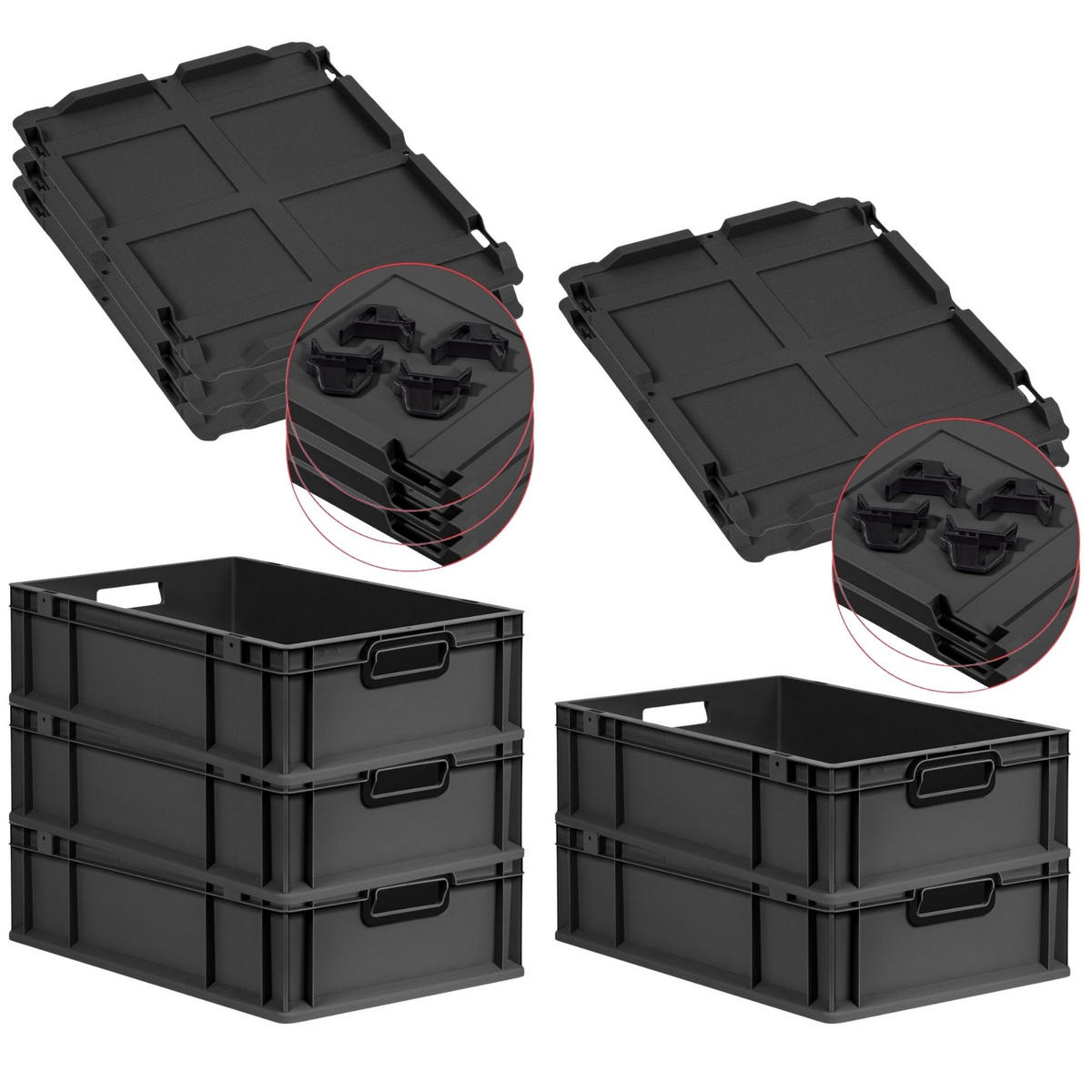 EUROBOX 5x NextGen Color mit Auflagedeckel 17x40x60 cm 34 Liter Schwarz Griffe schwarz offen - Anthrazit/Schwarz, Kunststoff (40/17/60cm) - PROREGAL