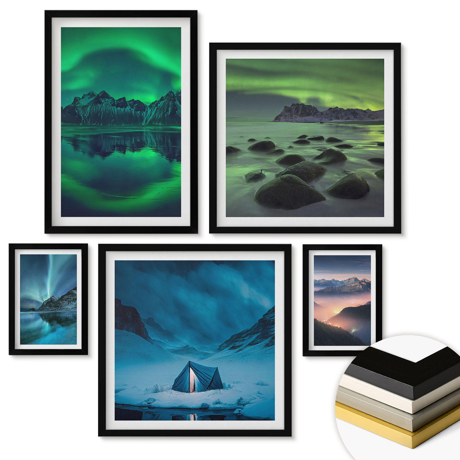 WANDBILDER 5er-Set - 50x50 cm & 20x30 cm & 40x60 cm Schwarzer Rahmen - Stilvolle Pflanzenmuster und Geometrie - Schwarz, Kunststoff (40/60cm) - ArtPrintCave