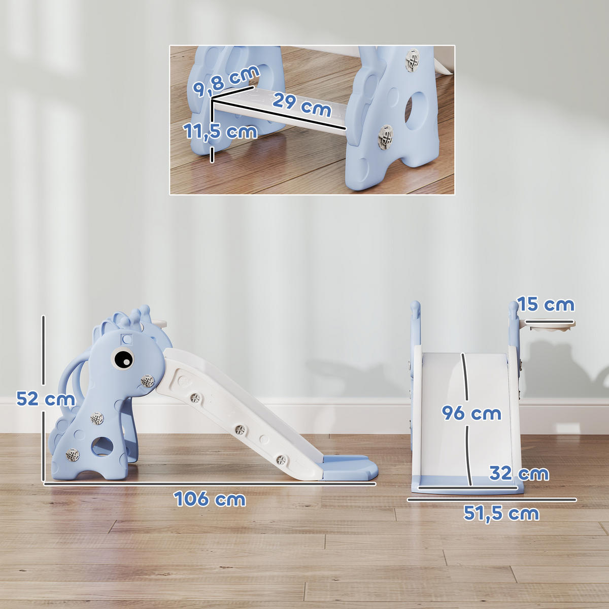 KINDERRUTSCHE, 3 in 1, Kleinkinderrutsche mit Basketballkorb, Basketball, Blau - Blau, Kunststoff (51.5/52/106cm) - AIYAPLAY