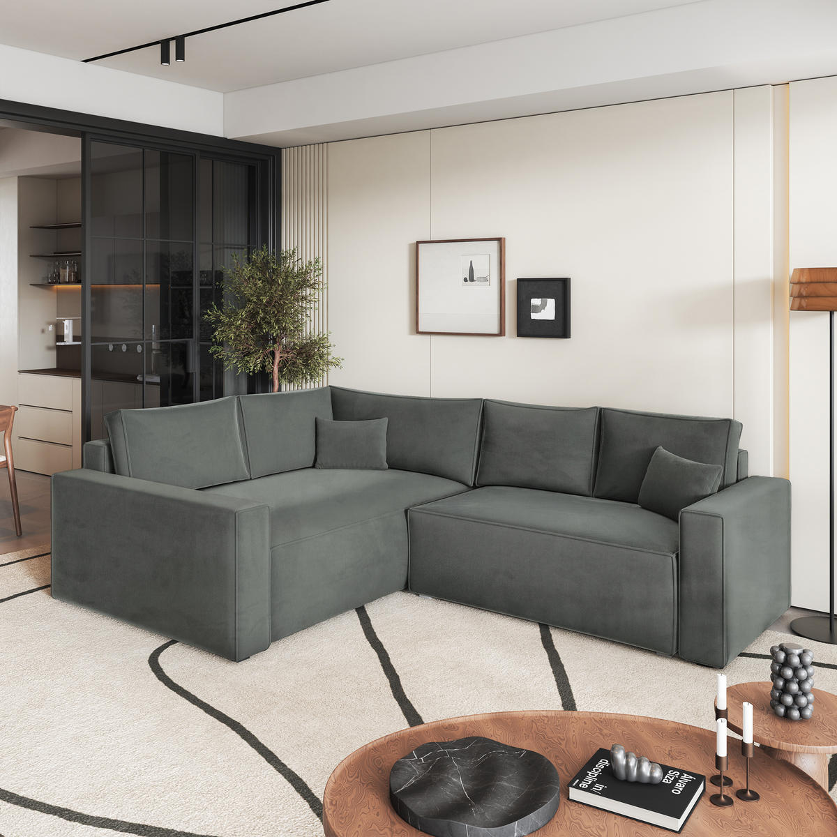 ROHOVÁ SEDAČKA ERONIS šedá - šedá, dřevo/textil (265/194cm) - MASSENO