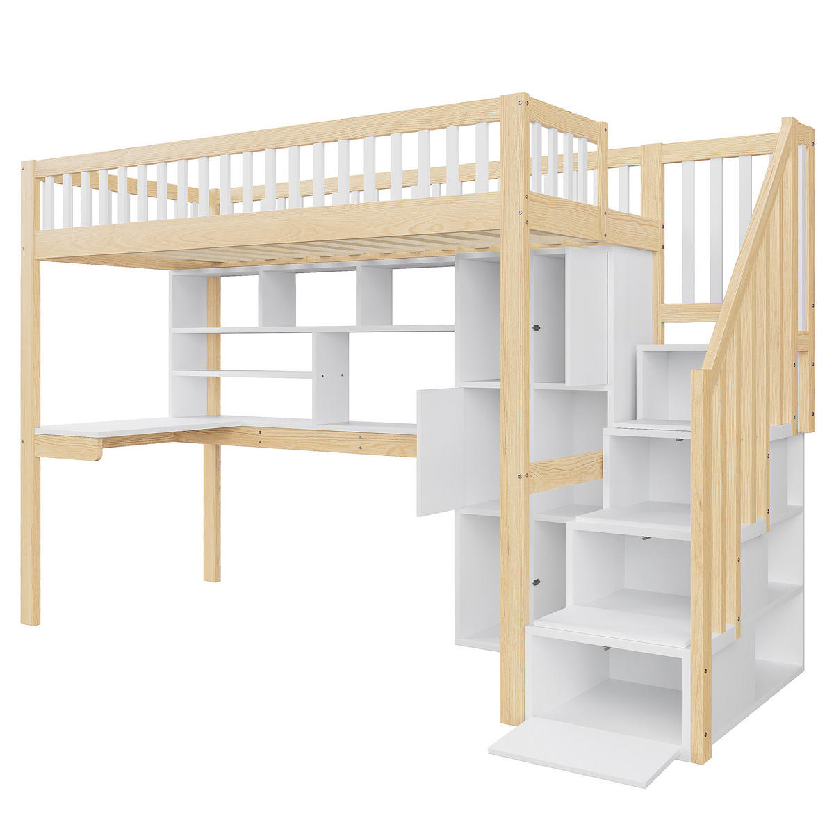 HOCHBETT 90x200cm Weiß + Natur LED-Licht Ablageleiter Schreibtisch - Multicolor, Holz (90/200cm) - FLIEKS