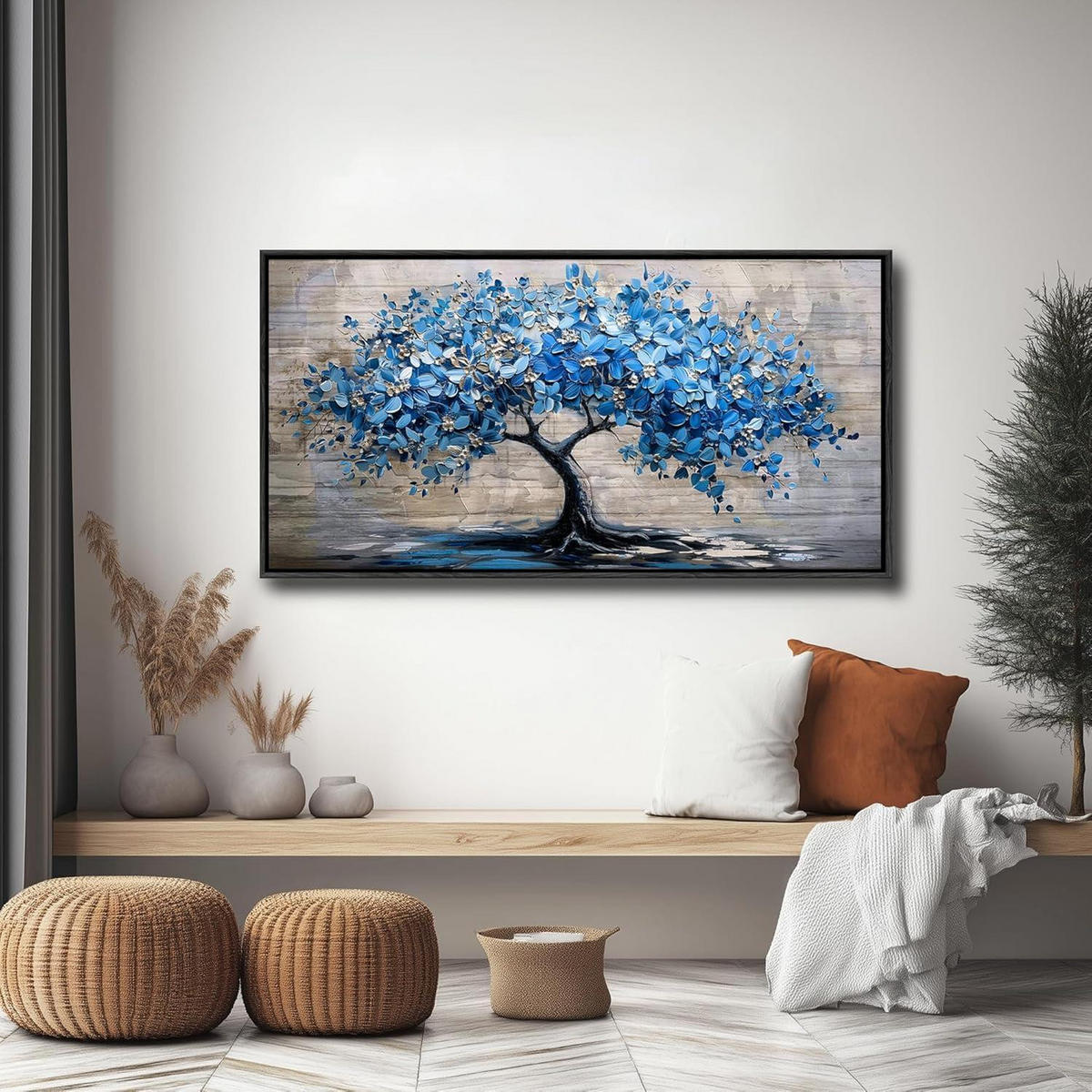 LEINWANDBILD Blühender Baum Schwarz 73 x 146 cm - Blau, Papier (73/0.5cm)
