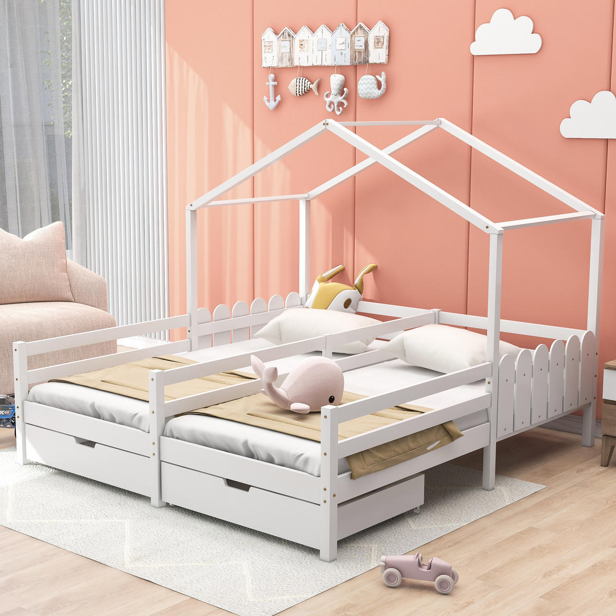 HAUSBETT 90/200 cm Weiß mit 2 MDF-Schubladen und Gitterzaun - Weiß, Holz (90/200cm) - OKWISH