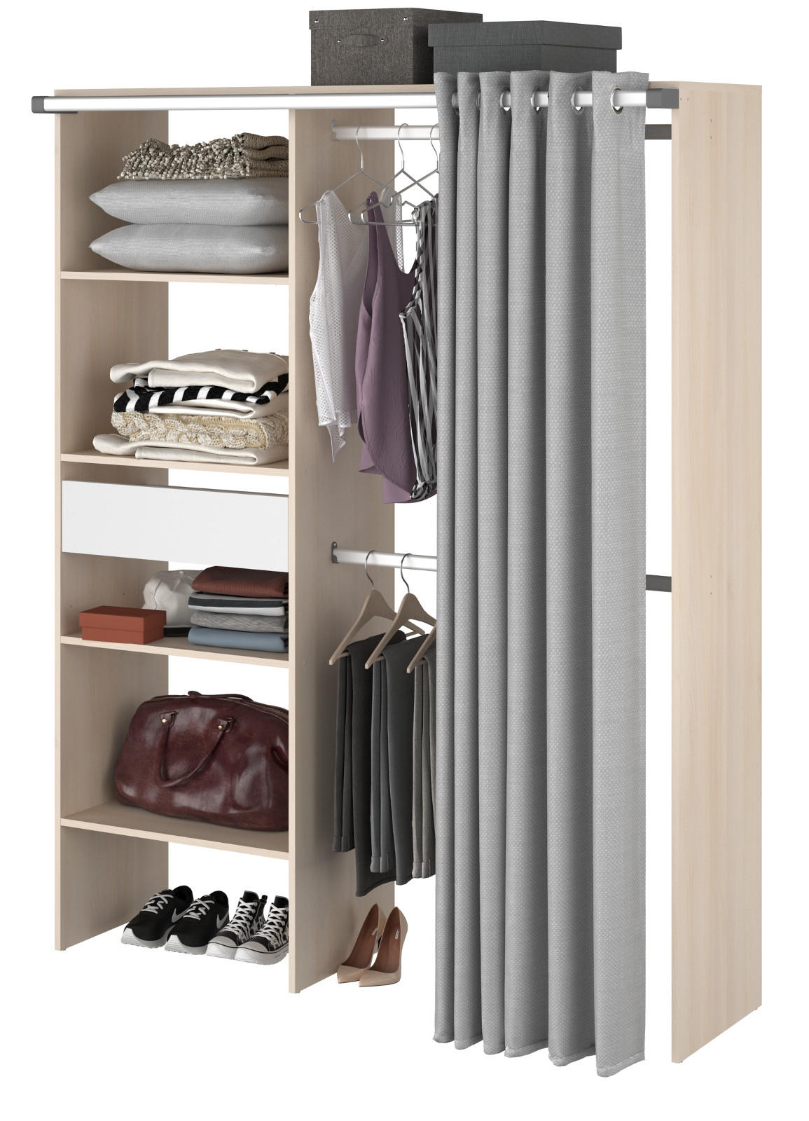 KLEIDERSCHRANK Akazie, grau, Mehrzweckschrank 143 cm mit Vorhang - Akaziefarben/Grau, Holzwerkstoff/Metall (143/182/48cm) - Parisot Meuble