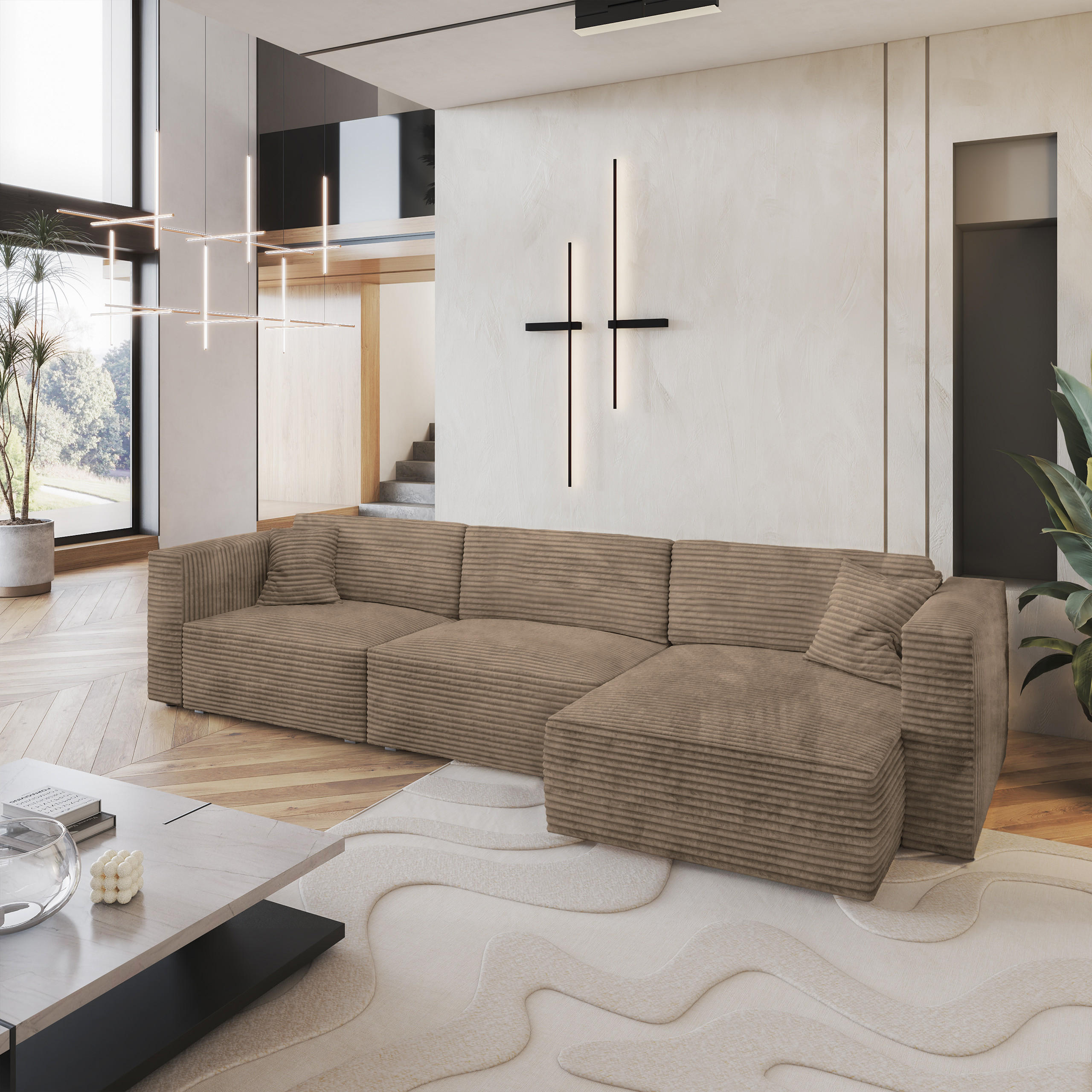 ECKSOFA TOLMO Beige Kordstoff mit Schlaffunktion - Beige, Holz (347/148cm) - MASSENO