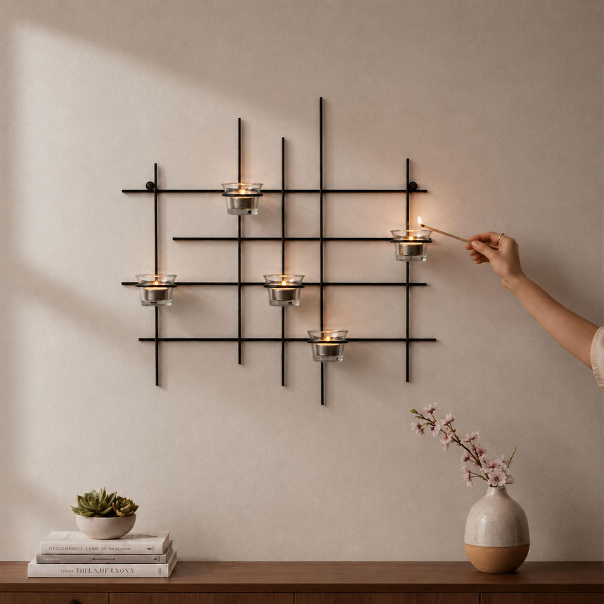 WANDTEELICHTHALTER Metall Leuchter 5XXL Wandkerzenhalter 50 cm - Schwarz, Metall (46.5cm) - DanDiBo