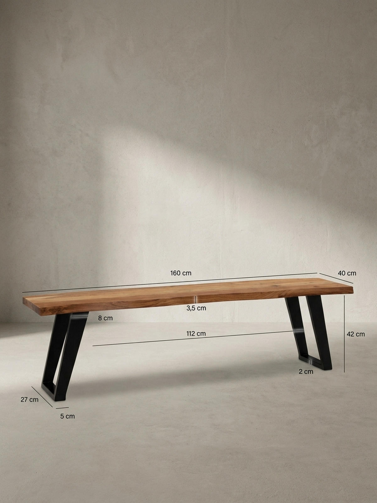 ESSZIMMERBANK Massivholz Metall Baumkante U-Beine, Akazie 160x40x46 cm - Schwarz/Braun, Holz/Metall (160/46/40cm) - KADIMA DESIGN