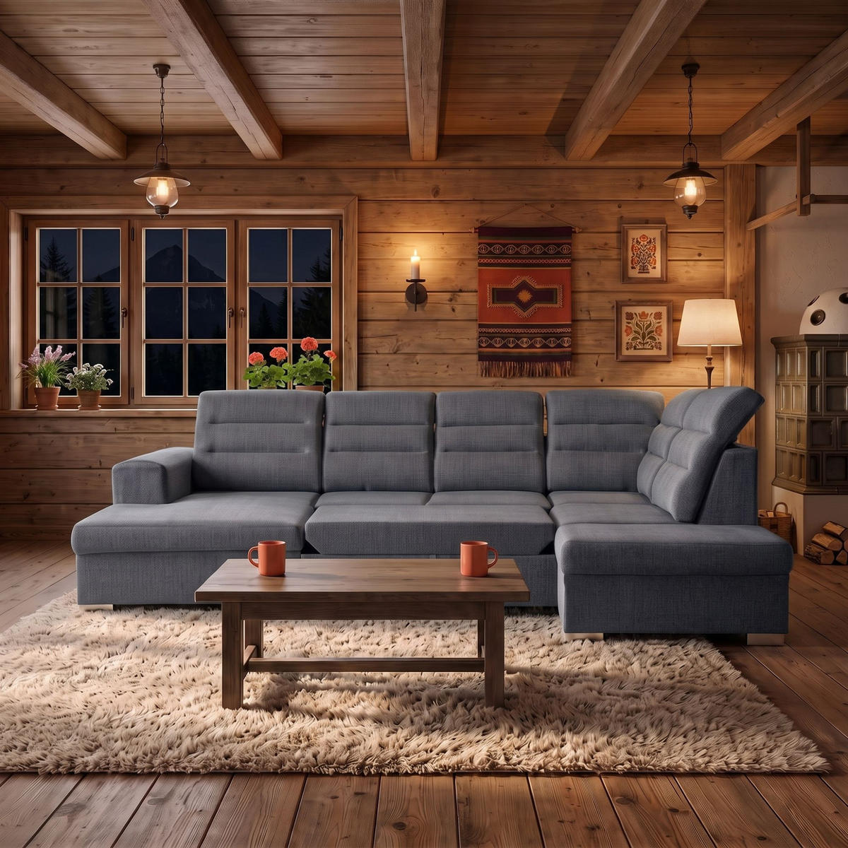 ECKSOFA U-Form CLOUD U Rechts mit Schlaffunktion 120x252 Velours Dunkelgrau - Dunkelgrau/Silberfarben, Holz/Kunststoff (202/103/320cm) - Muffo