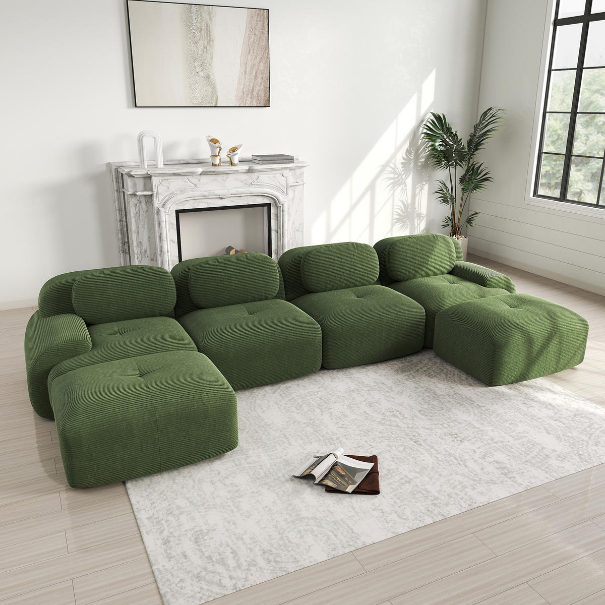 WOHNLANDSCHAFT Cord Grün montagefrei - Grün, Textil (388/75/178cm) - WISHDOR