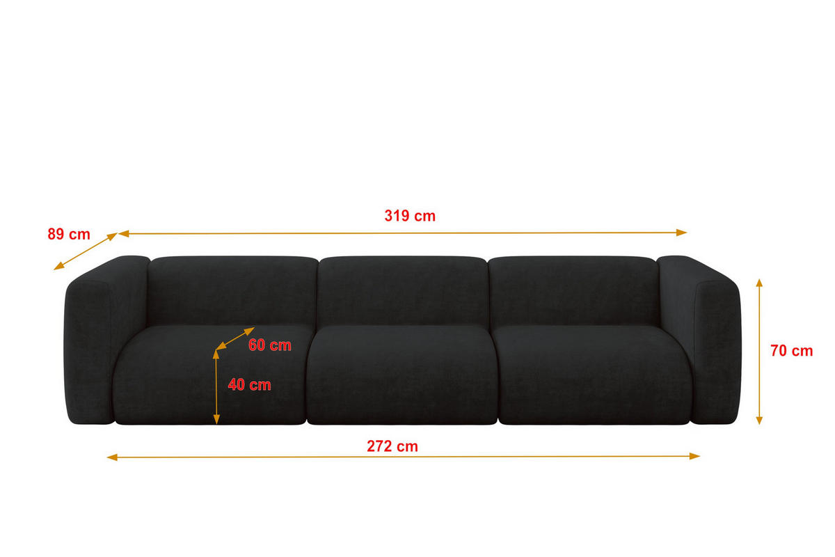 MODULÁRNÍ pohovka MIRA-S2, 3místná, 319 × 89 × 70 cm, černá, velur - černá/antracitová, kompozitní dřevo/textil (319/70/89cm) - ALTDECOR