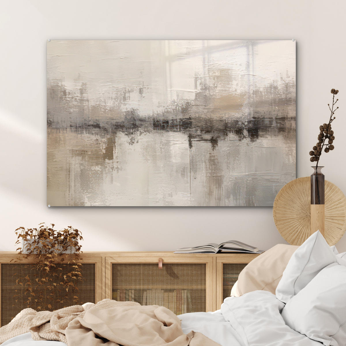 ACRYLGLASBILD Moderne Kunst - Abstrakt - Beige 90x60 cm - Beige, Glas (90/60cm) - MuchoWow
