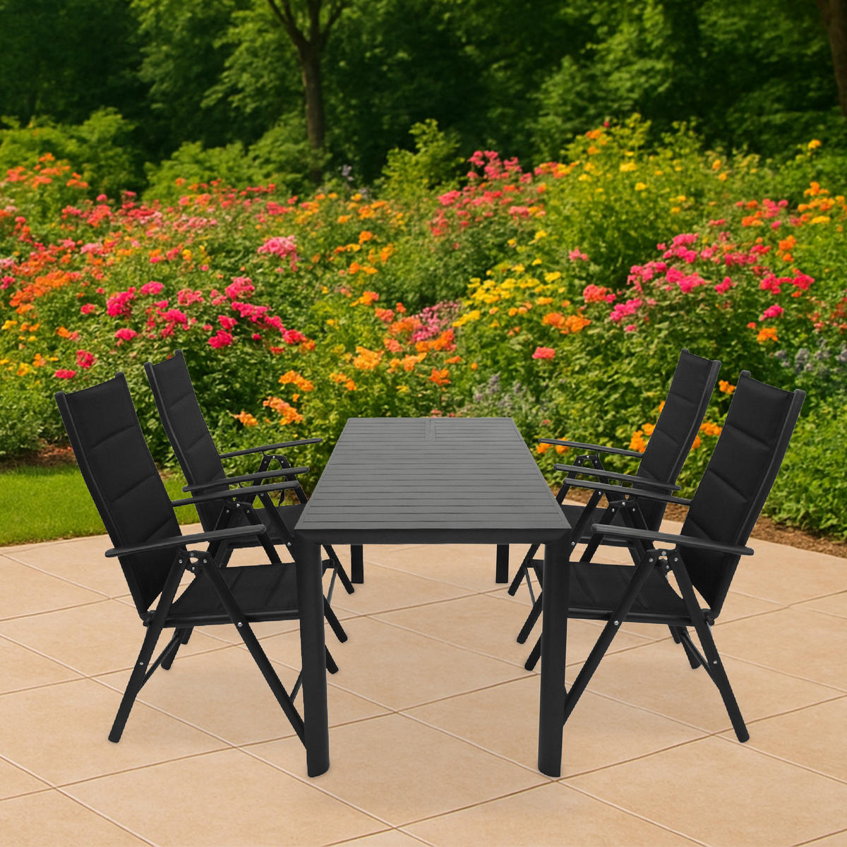 GARTEN-GARNITUR Ashford - 5-teilige Garten-Essgruppe (4x Klappsessel, Aluminium dunkelgrau + Textilgewebe gepolstert schwarz - Schwarz, Metall - TPFGarden