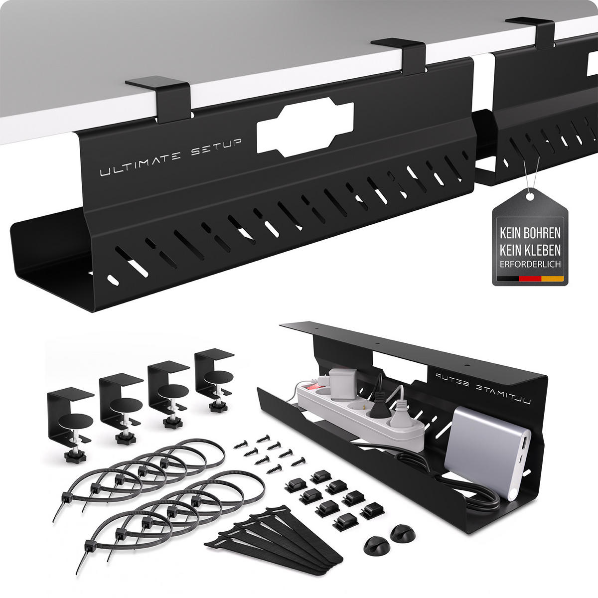 KABELKANAL Schreibtisch - Kabelmanagement Schreibtisch - Schwarz, 2er-Set - Schwarz, Metall (43/11/13cm) - Ultimate Setup