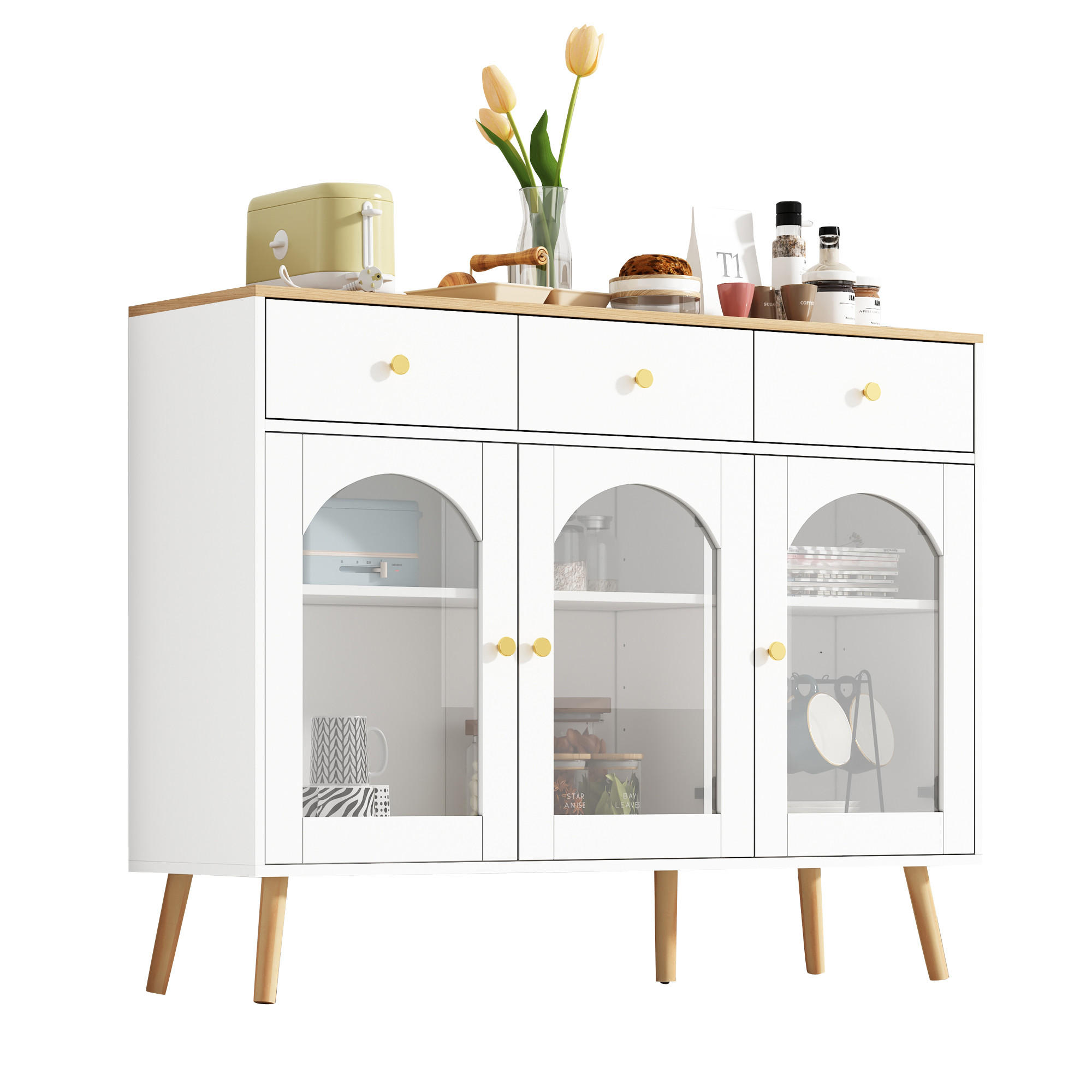 SIDEBOARD mit Glasfront und Schubladen Weiß/Eiche - Weiß, Glas/Holzwerkstoff (34/94/120cm) - Urban Meuble