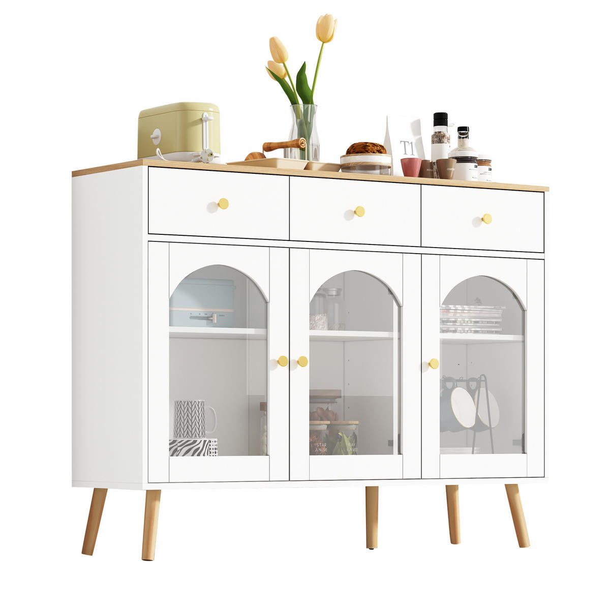 SIDEBOARD mit Glasfront und Schubladen Weiß/Eiche - Weiß, Glas/Holzwerkstoff (34/94/120cm) - Urban Meuble
