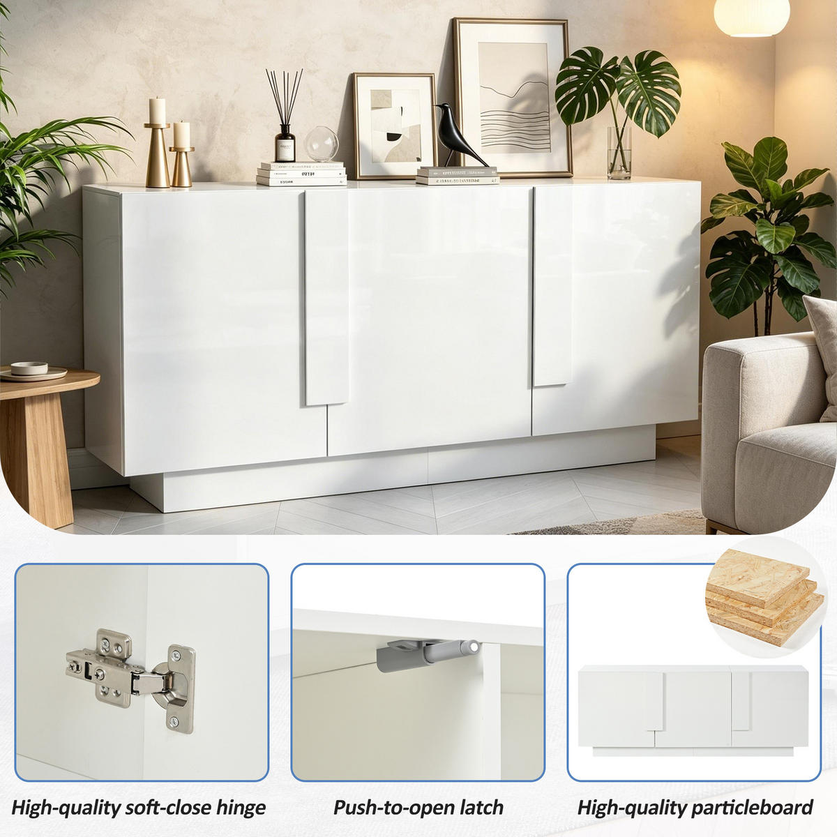 SIDEBOARD Hochglanz Minimalistisch mit Türen & verstellbaren Böden Stauraum modern Wohnzimmer Esszimmer - Weiß, Holzwerkstoff (160/60/35cm) - EVRYAE