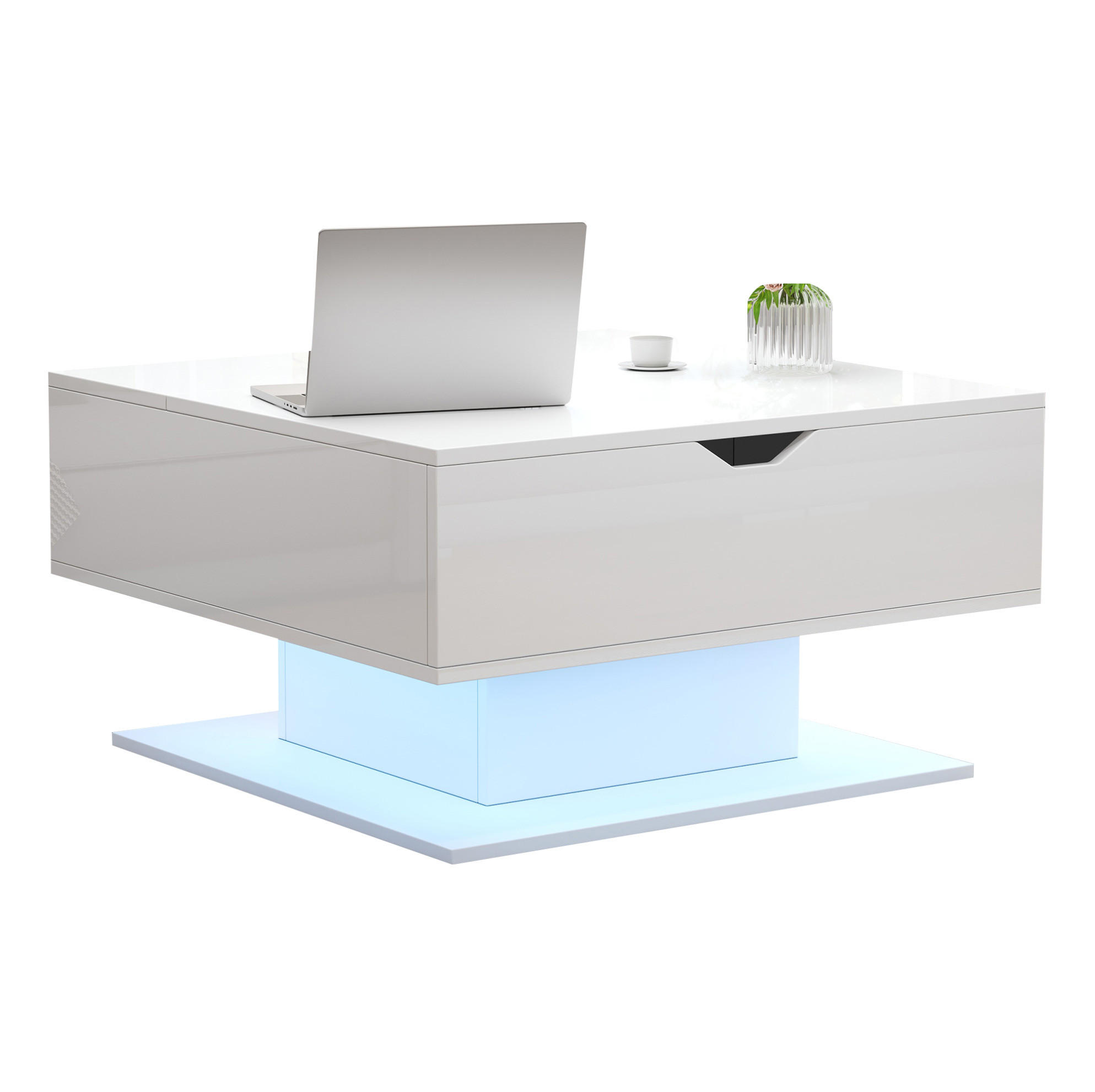 COUCHTISCH 80/75/40 cm Weiß aus Spanplatte mit Liftfunktion, LED-Lichtstreifen und Stauraum - Weiß, Holzwerkstoff (80/75/40cm) - OKMYHOME