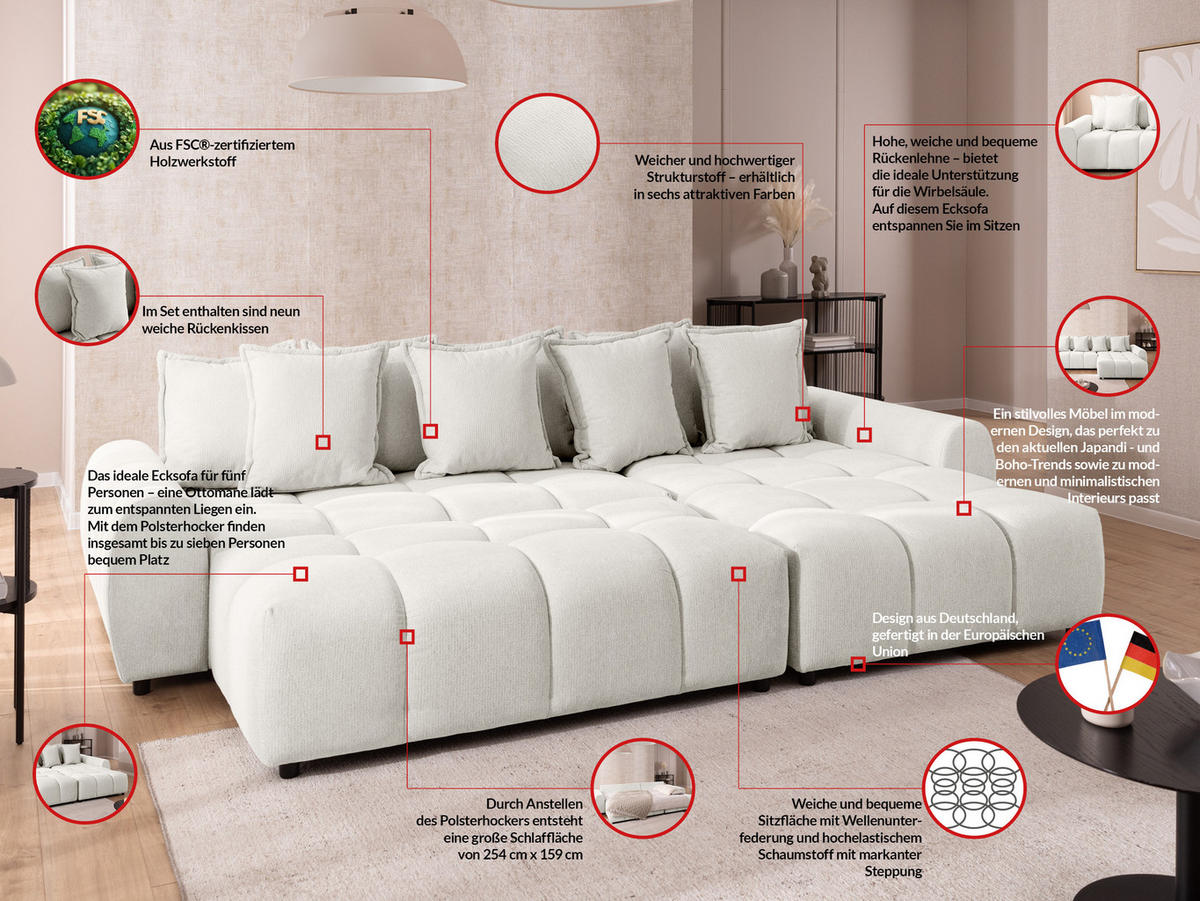 ECKSOFA inkl. Hocker Bubble mit Schlaffunktion und losen Rückenkissen, Sitzfläche in Bubble-Optik aus weichem Creme Strukturstoff - Ottomane Rechts - Creme/Schwarz, Holz/Kunststoff (306/180cm) - S-Style Möbel