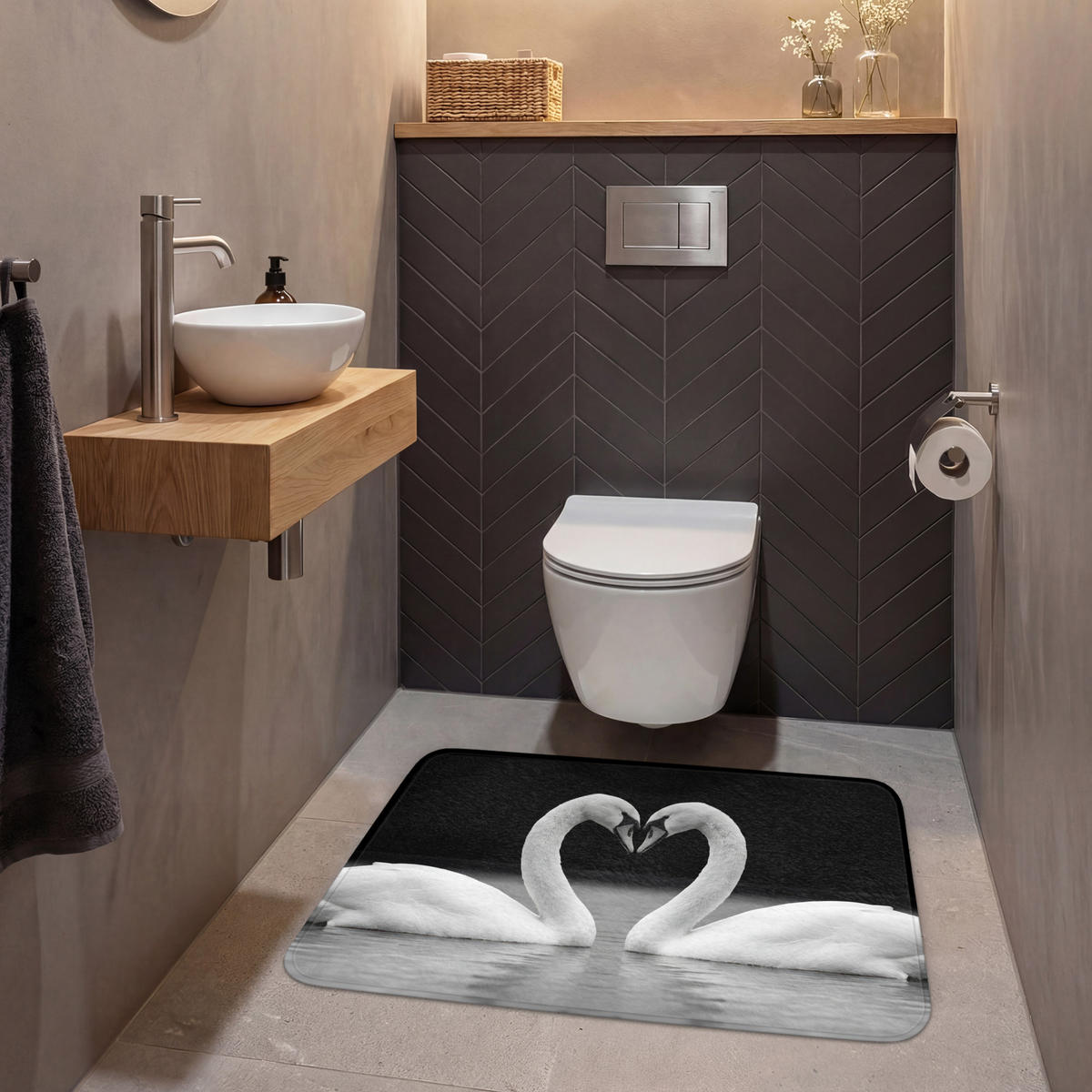 WC PŘEDLOŽKA Labutě - srdce - černá - bílá 90x60 cm - černá, textil/plast (90/1cm) - OnlyWow