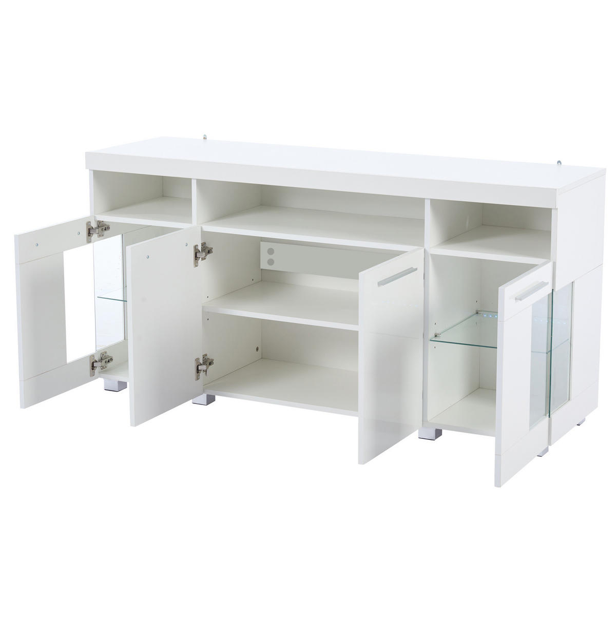 SIDEBOARD aus MDF 140x40x70 cm Weiß mit LED-Beleuchtung, Hochglanzfront und Türen aus gehärtetem Glas - Weiß, Holzwerkstoff (140/70/40cm) - Modfu