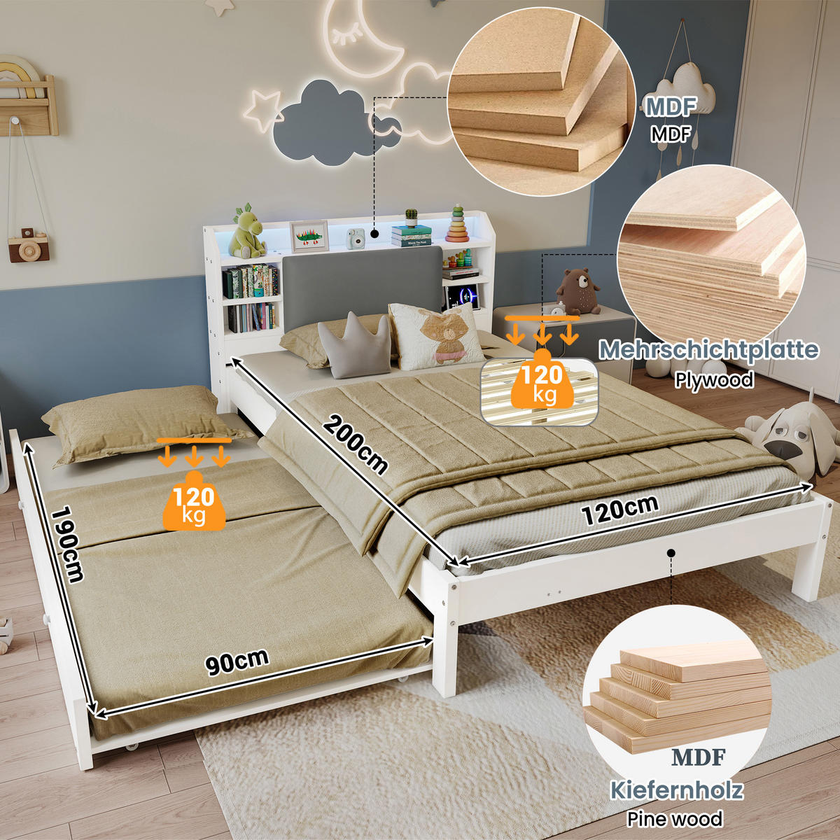 BETT 120/200 cm in Weiß mit Ausziehbett, gepolstertem Kopfteil, Kopfteilregal, LED und Ladestation aus Holz - Weiß/Grau, Holzwerkstoff (120/200cm) - STILVORA