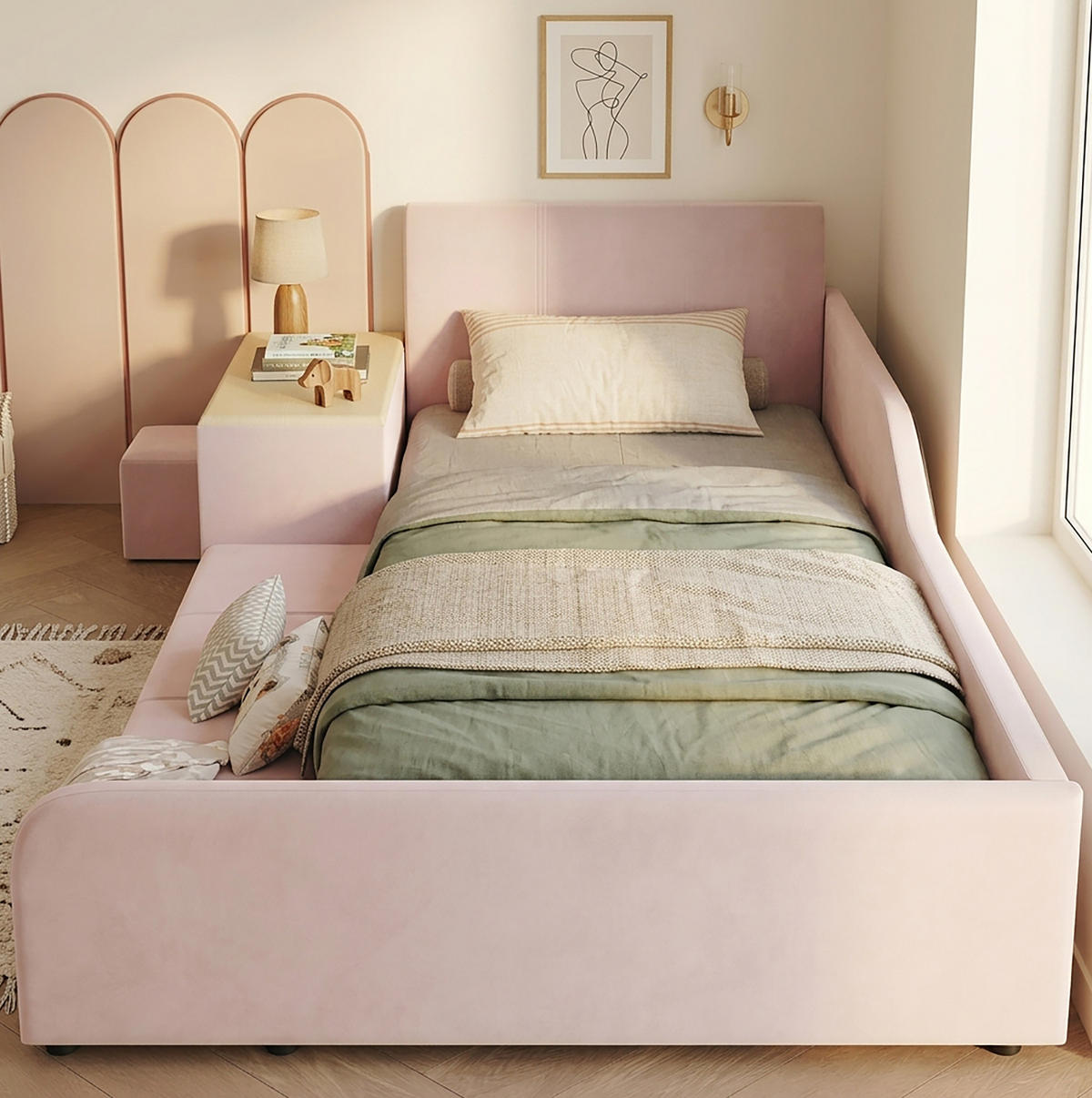 KINDERPOLSTERBETT 90x200 cm in Pink mit Schreibtisch, Hocker und Ablageboden - Pink, Textil (90/200cm) - IVMEU