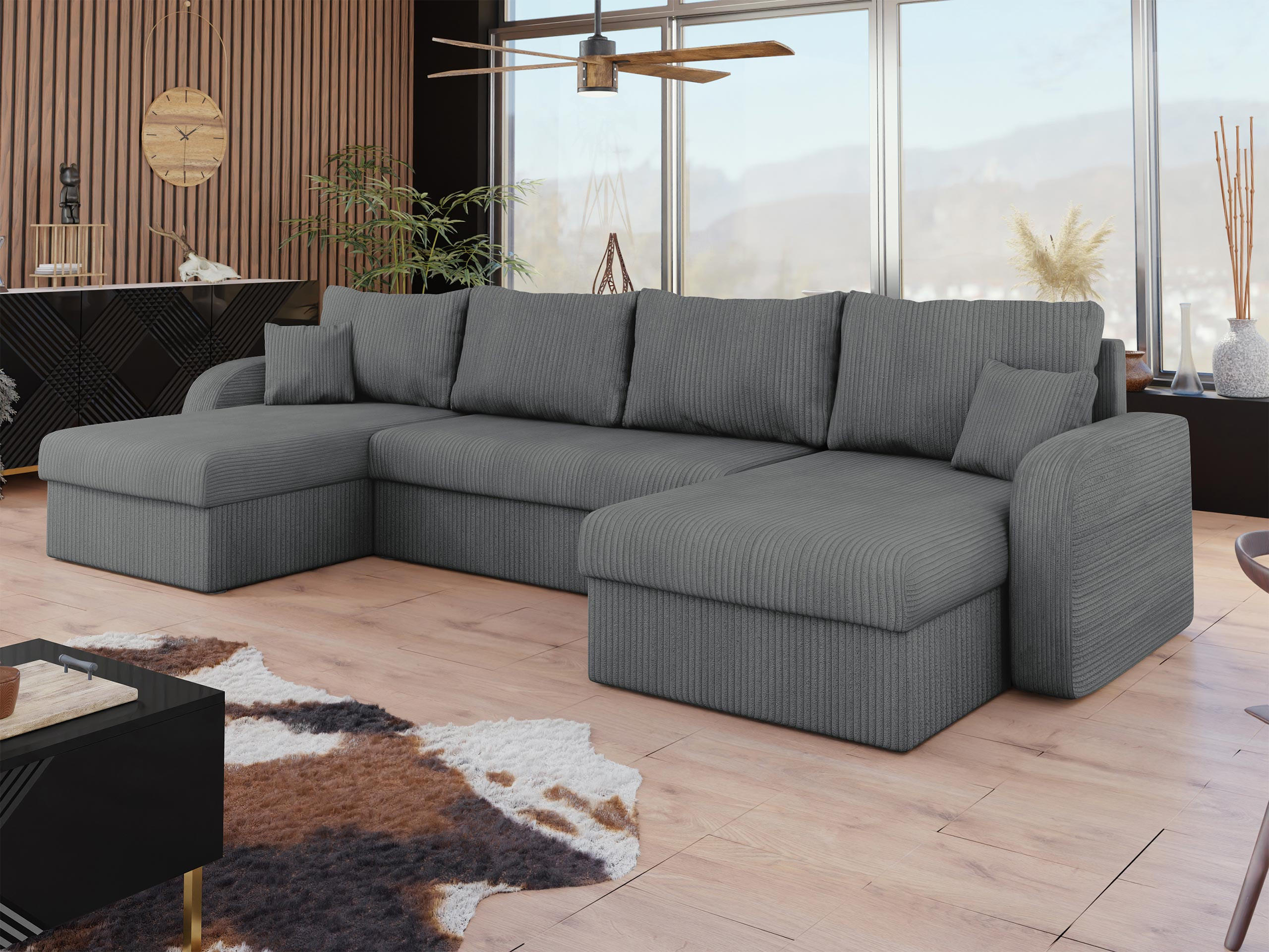 ECKSOFA Kris U Cord - Greige/Schwarz, Holz/Kunststoff (304/140cm) - MIRJAN24