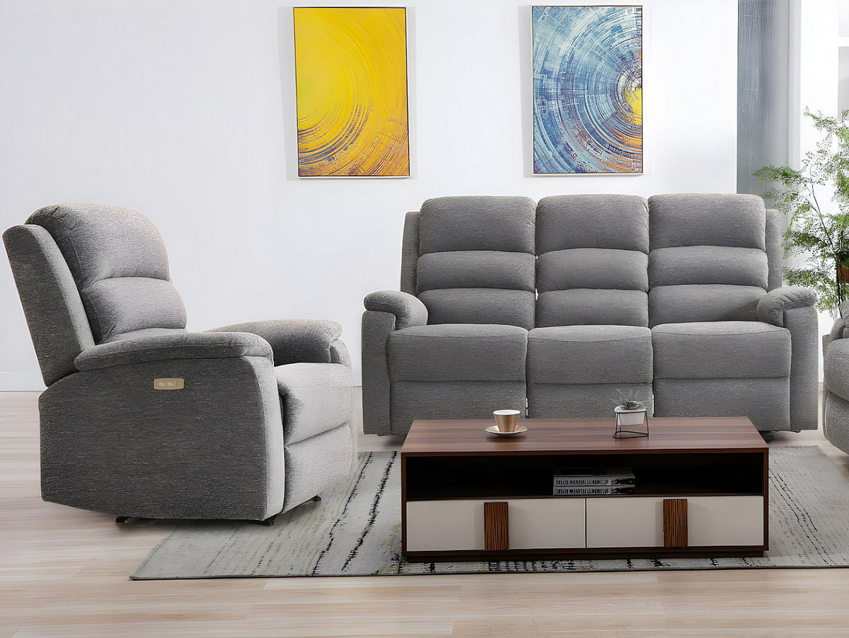 COUCHGARNITUR mit Sessel - 4 Personen - Stoff - Grau - NEVERS - Grau, Textil (187/103/95cm) - Vente-Unique