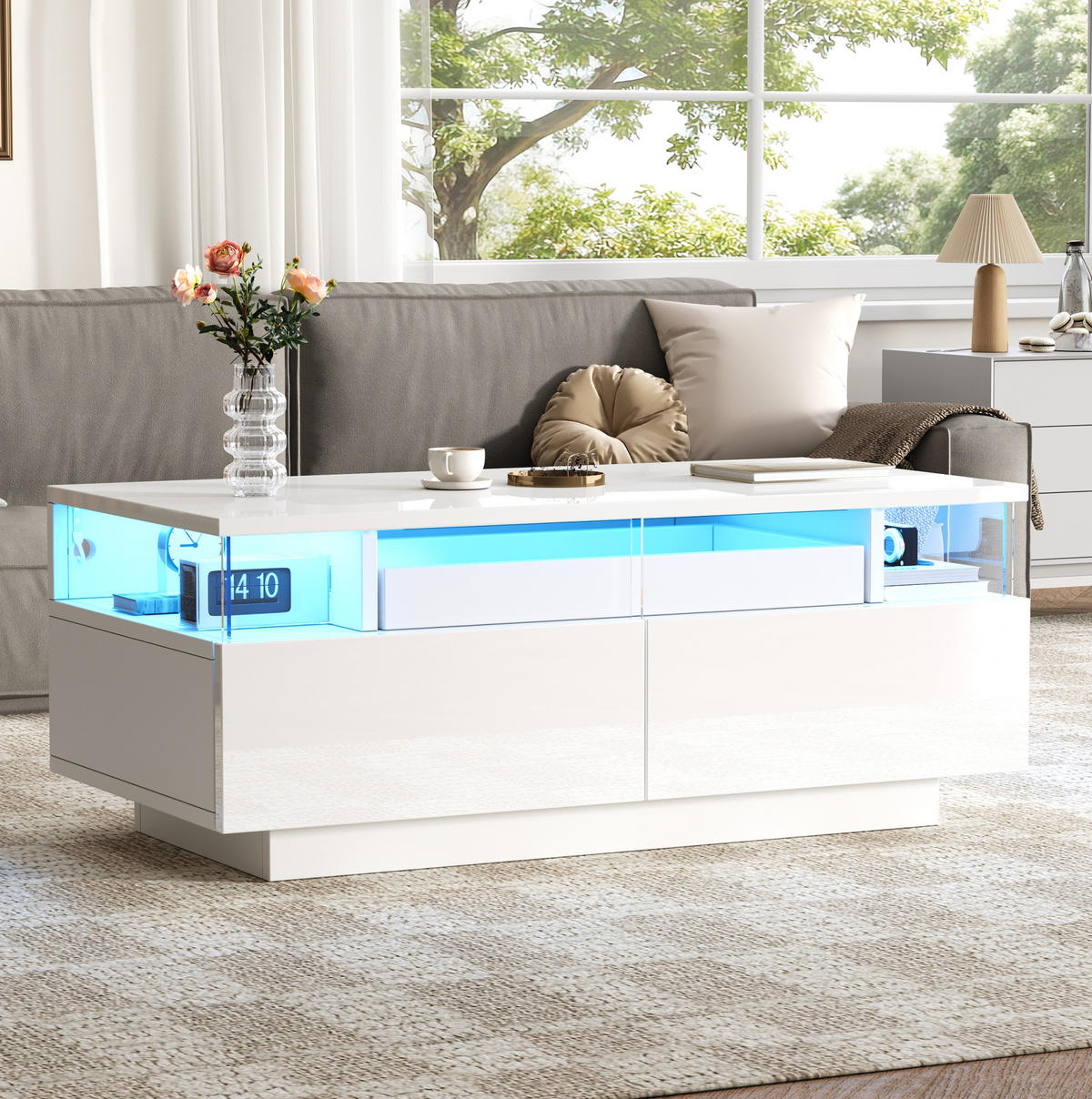 KLUBSKA miza, 90/45/35,5 cm bela, z LED-osvetlitvijo in 2 predaloma - bela, leseni material (90/45/35.5cm) - BEAOK