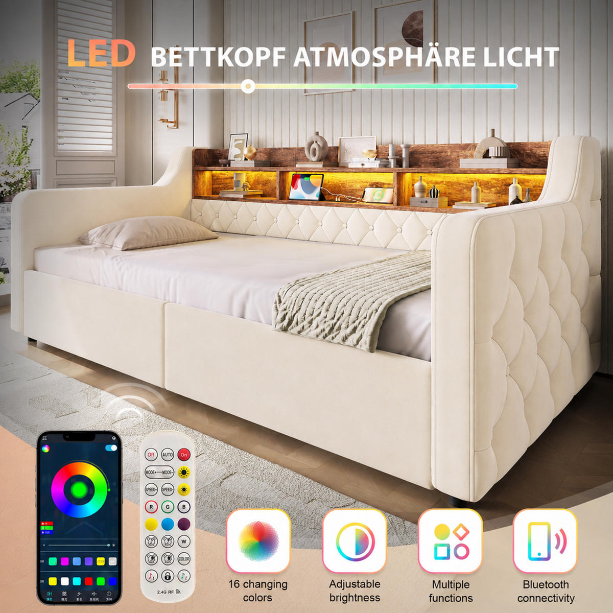 POLSTERBETT aus Velvet 90x190 cm Beige mit LED-Beleuchtung, Ladefunktion und 2 Schubladen - Beige, Textil (90/190cm) - Modfu