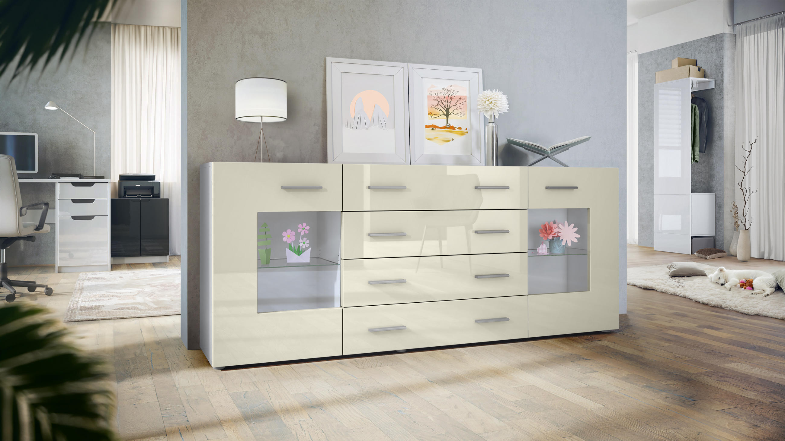 SIDEBOARD Noah Creme Hochglanz - Creme, Holzwerkstoff (166/72/35cm) - Vladon