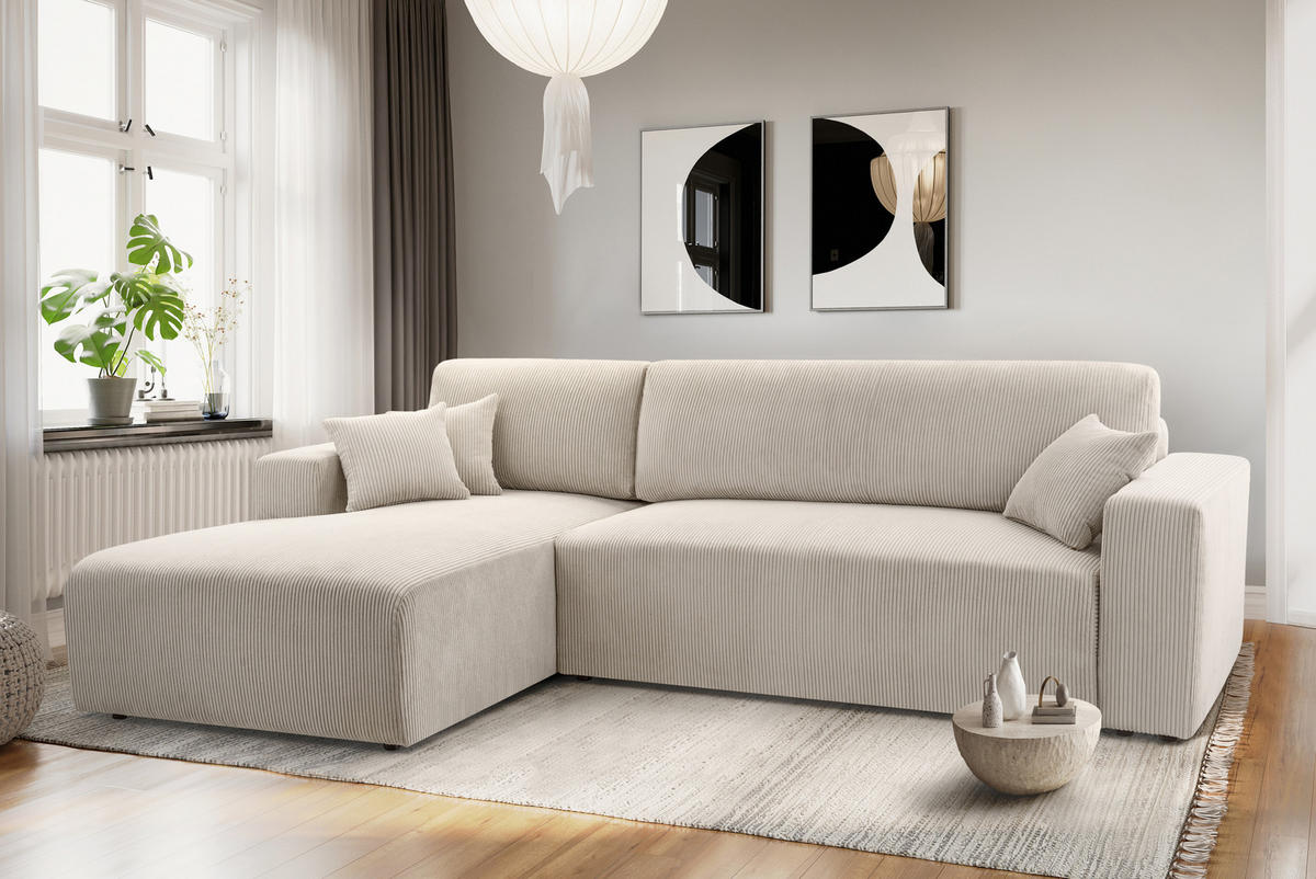ECKSOFA L Form Catea Weiß 279/145/84 cm Links mit Schlaffunktion - Creme/Schwarz, Kunststoff/Textil (145/279cm) - AX Living
