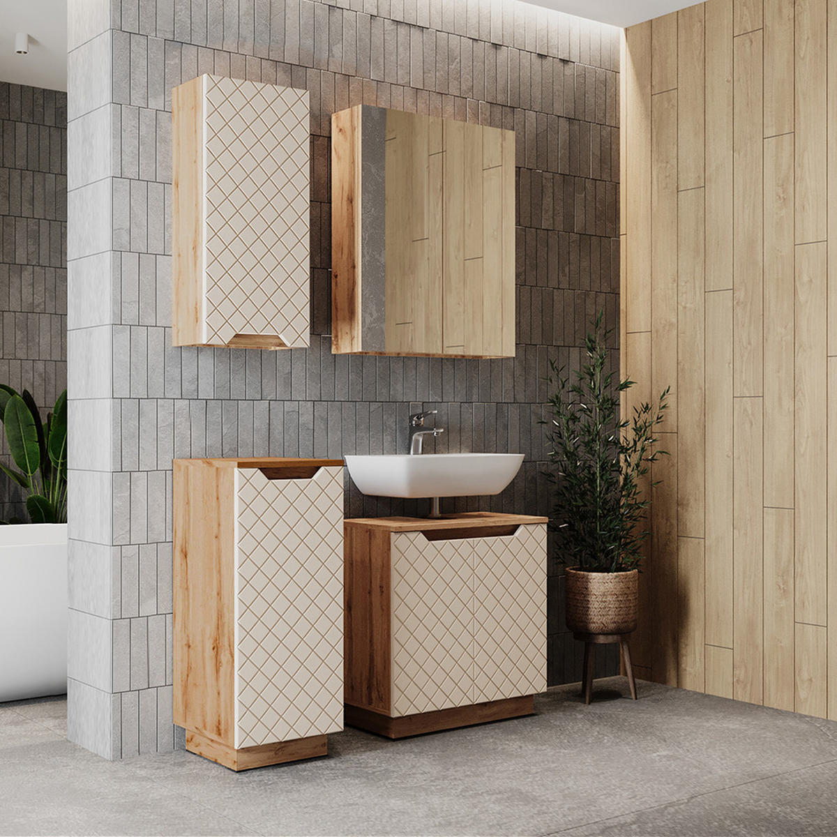 BADMÖBEL-SET Lotta Eiche/Kaschmir mit Kachelstruktur 4 Teile - Kaschmir/Eichefarben, Holzwerkstoff (59.8/62.1/32cm) - Vicco