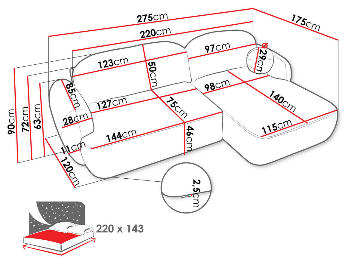 ECKSOFA Mayo, Seite: Links - Schwarz/Braun, Holz/Kunststoff (275/175cm) - MIRJAN24