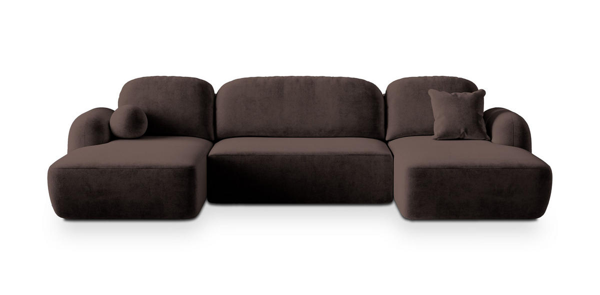 WOHNLANDSCHAFT SAVONA K Braun Plüsch-Stoff mit Schlaffunktion - Braun, Holz (320/90/148cm) - MASSENO