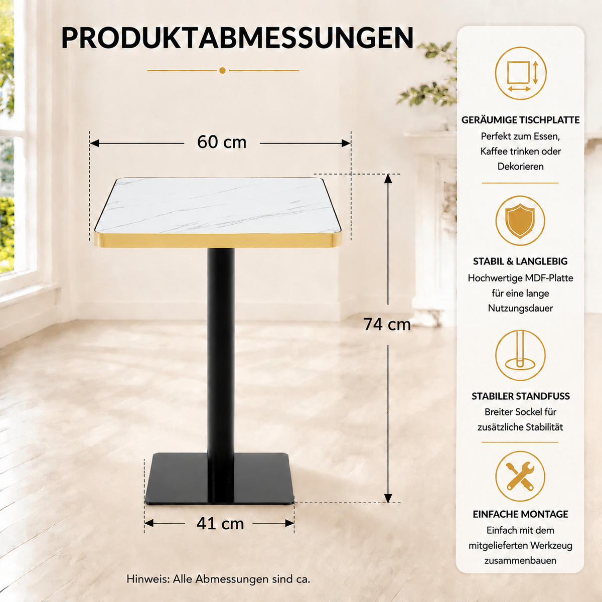 BARTISCH 60/60/74 cm mit Marmor-Optik DE-40031 Weiß - Weiß, Metall (60/60/74cm) - ComfortXL