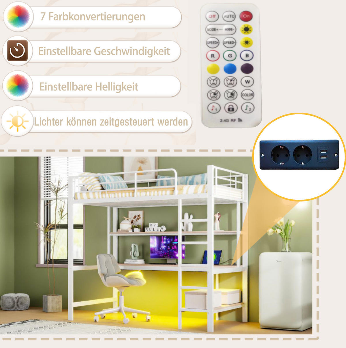 HOCHBETT 90/200 cm aus Metall und MDF mit Schreibtisch, Regal, LED, USB und Steckdose Weiß - Weiß, Metall (90/200cm) - Modenvie