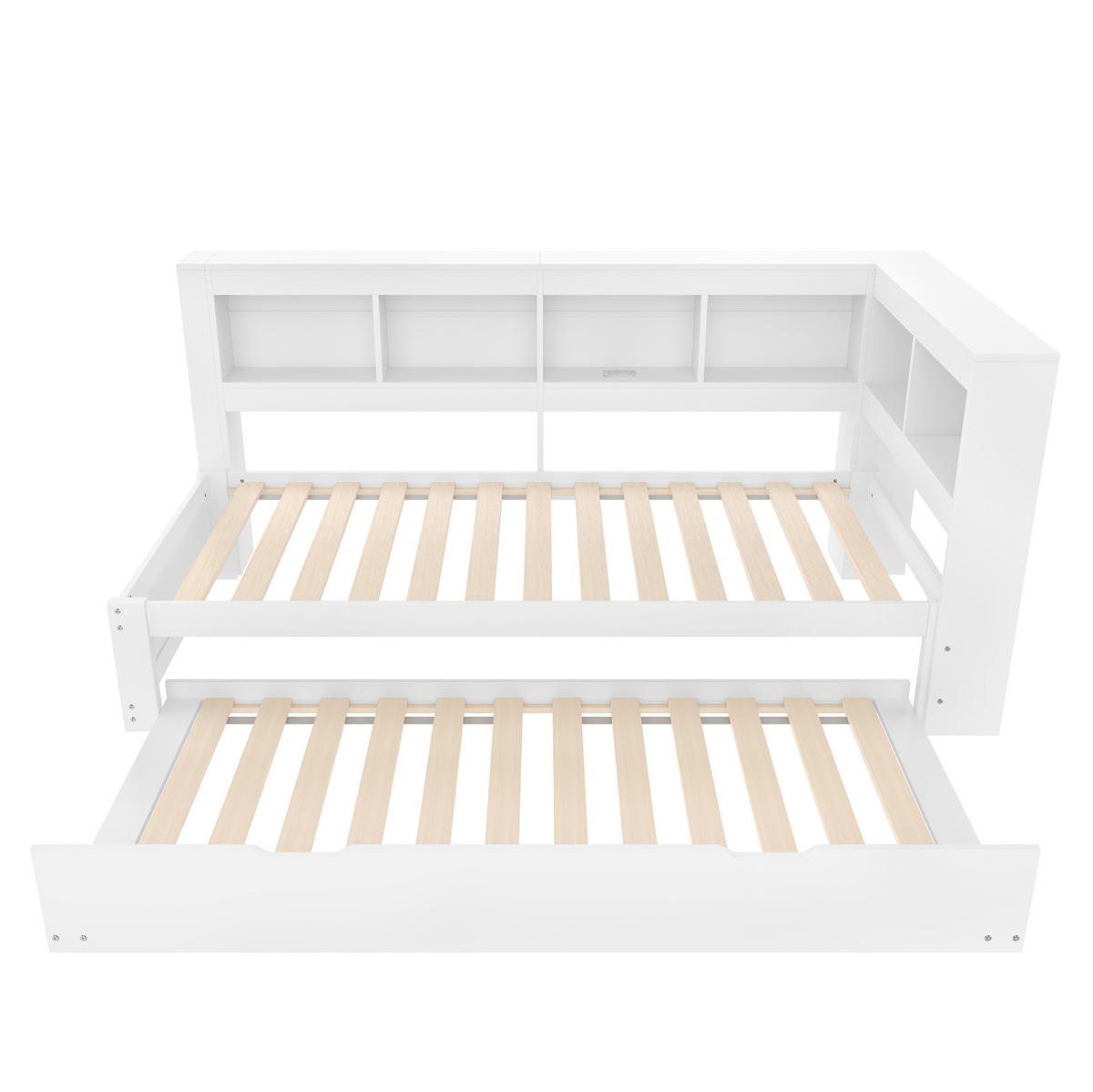 BETT 90/200 cm Weiß aus Kiefernholz mit ausziehbarem Rollbett und Steckdose - Weiß, Holz (90/200cm) - OKMYHOME