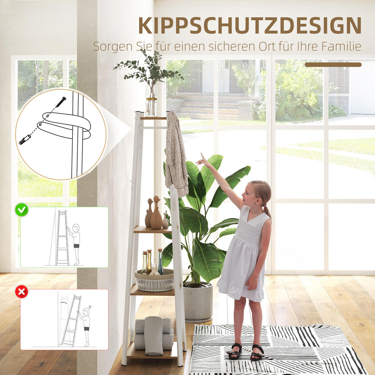 GARDEROBENSTÄNDER, mit 8 Haken, 4 Ebenen, Flur, 34 x 34 x 170 cm, Weiß - Eichefarben, Holzwerkstoff (34/170/34cm) - HOMCOM