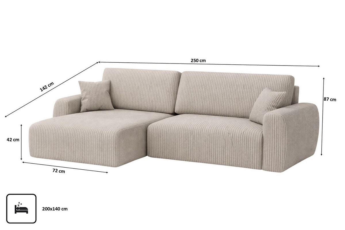 ECKSOFA Mit Schlaffunktion Ariel L, Cordstoff, Stoff Poso, Dunkelbeige, Links - Beige, Holz (250/142cm) - Kaiser Möbel