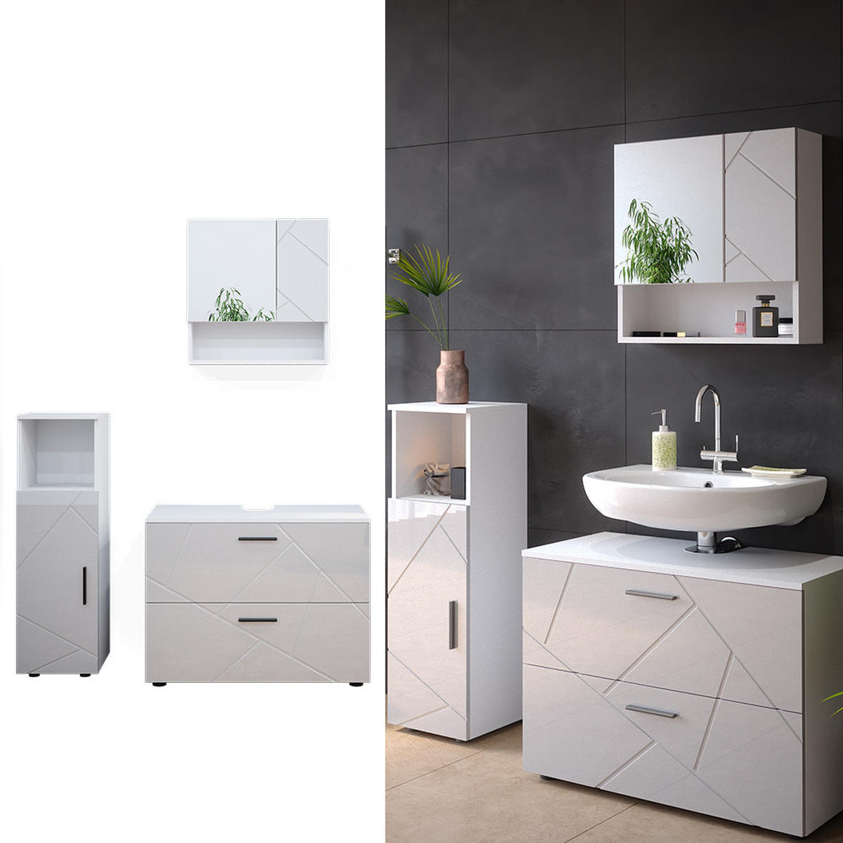 BADMÖBEL-SET Irma Weiß Hochglanz 3 Teile, mit Midischrank - Weiß Hochglanz/Weiß, Holzwerkstoff (80/58.6/41cm) - Vicco
